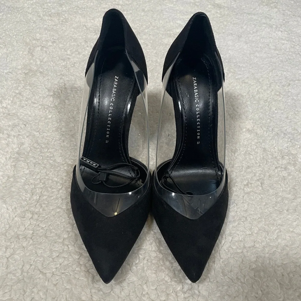 Zara Black Clear PVC Vinyl Pointed Toe Stiletto Pumps Faux Suede Glam Vamp 37